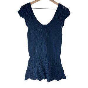 Marie Oliver Navy Blue Crochet Knit Scoop Neck Peplum Top